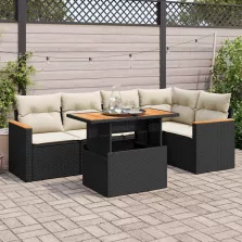   vidaXL 6 részes fekete polyrattan akácfa kerti ülőgarnitúra párnákkal
