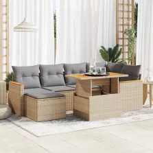   vidaXL 7 részes bézs polyrattan akácfa kerti ülőgarnitúra párnákkal