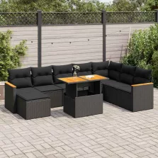   vidaXL 9 részes fekete polyrattan akácfa kerti ülőgarnitúra párnákkal