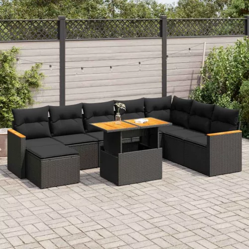 vidaXL 9 részes fekete polyrattan akácfa kerti ülőgarnitúra párnákkal