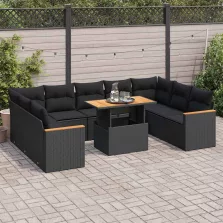   vidaXL 10 részes fekete polyrattan akácfa kerti ülőgarnitúra párnákkal