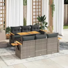   vidaXL 7 részes szürke polyrattan akácfa kerti ülőgarnitúra párnákkal