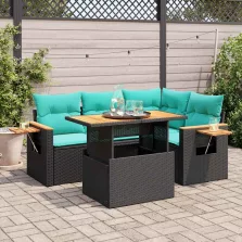   vidaXL 5 részes fekete polyrattan akácfa kerti kanapészett párnákkal
