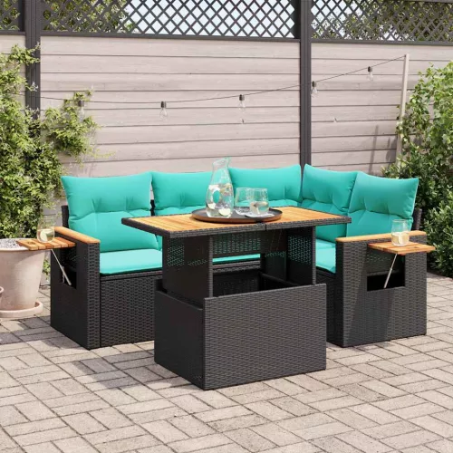 vidaXL 5 részes fekete polyrattan akácfa kerti kanapészett párnákkal