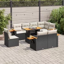   vidaXL 9 részes fekete polyrattan akácfa kerti ülőgarnitúra párnákkal