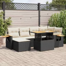   vidaXL 7 részes fekete polyrattan akácfa kerti ülőgarnitúra párnával