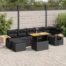   vidaXL 8 részes fekete polyrattan akácfa kerti ülőgarnitúra párnákkal