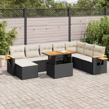   vidaXL 9 részes fekete polyrattan akácfa kerti ülőgarnitúra párnákkal