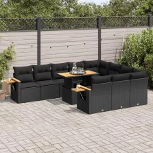   vidaXL 11 részes fekete polyrattan akácfa kerti ülőgarnitúra párnákkal