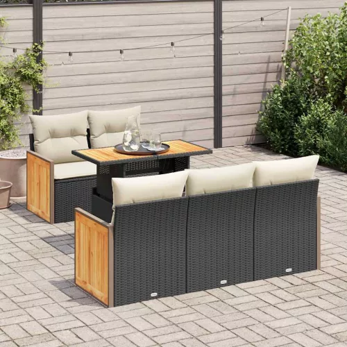 vidaXL 6 részes fekete polyrattan akácfa kerti ülőgarnitúra párnákkal