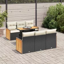   vidaXL 7 részes fekete polyrattan akácfa kerti ülőgarnitúra párnával