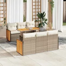   vidaXL 7 részes bézs polyrattan akácfa kerti ülőgarnitúra párnákkal