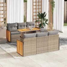   vidaXL 7 részes bézs polyrattan akácfa kerti ülőgarnitúra párnákkal