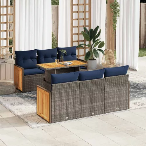 vidaXL 7 részes szürke polyrattan akácfa kerti ülőgarnitúra párnákkal