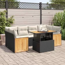   vidaXL 7 részes fekete polyrattan akácfa kerti ülőgarnitúra párnával