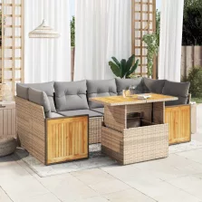   vidaXL 7 részes bézs polyrattan akácfa kerti ülőgarnitúra párnákkal