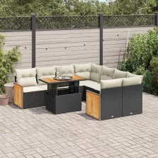   vidaXL 9 részes fekete polyrattan akácfa kerti ülőgarnitúra párnákkal
