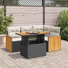   vidaXL 5 részes fekete polyrattan akácfa kerti kanapészett párnákkal