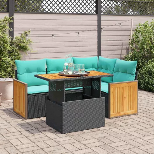 vidaXL 5 részes fekete polyrattan akácfa kerti kanapészett párnákkal