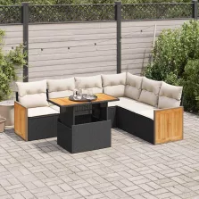   vidaXL 7 részes fekete polyrattan akácfa kerti ülőgarnitúra párnával
