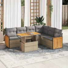   vidaXL 7 részes bézs polyrattan akácfa kerti ülőgarnitúra párnákkal