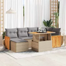   vidaXL 7 részes bézs polyrattan akácfa kerti ülőgarnitúra párnákkal