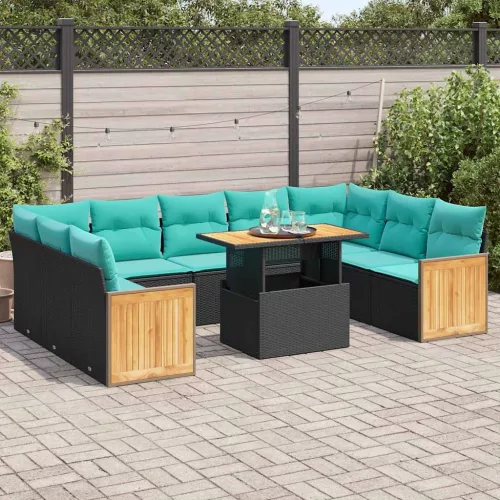 vidaXL 10 részes fekete polyrattan akácfa kerti ülőgarnitúra párnákkal