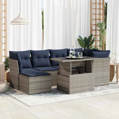 vidaXL 7 részes szürke polyrattan akácfa kerti ülőgarnitúra párnákkal