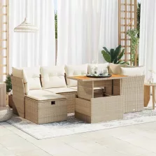   vidaXL 7 részes bézs polyrattan akácfa kerti ülőgarnitúra párnákkal