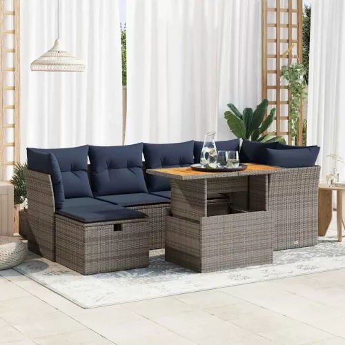 vidaXL 7 részes fekete polyrattan akácfa kerti ülőgarnitúra párnával