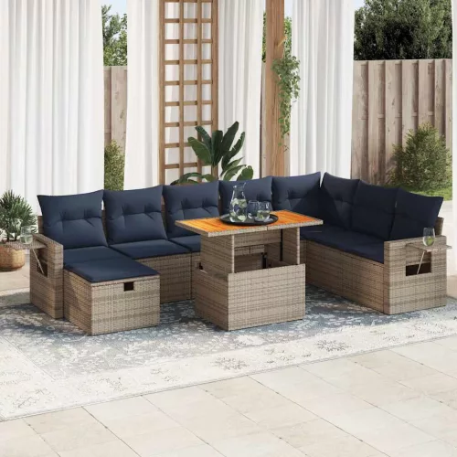 vidaXL 9 részes szürke polyrattan akácfa kerti ülőgarnitúra párnákkal