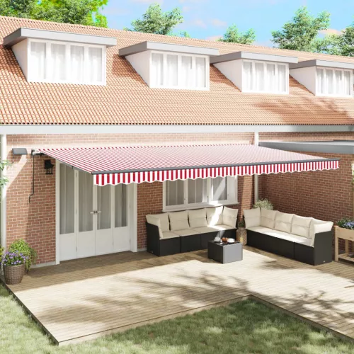 vidaXL Behúzható napellenző Piros és fehér 600 ×350 cm szövet