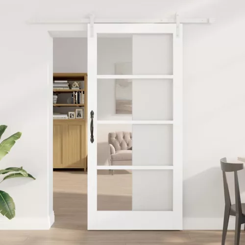 vidaXL Csúszó ajtó ORKDAL Fehér 93 x 202 cm Tömör fenyőfa és üveg
