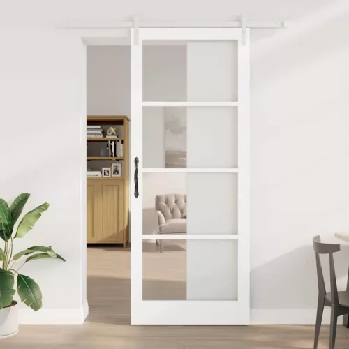 vidaXL Csúszó ajtó ORKDAL Fehér 93 x 232 cm Tömör fenyőfa és üveg