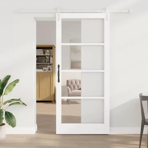 vidaXL Csúszó ajtó ORKDAL Fehér 93 x 211 cm Tömör fenyőfa és üveg