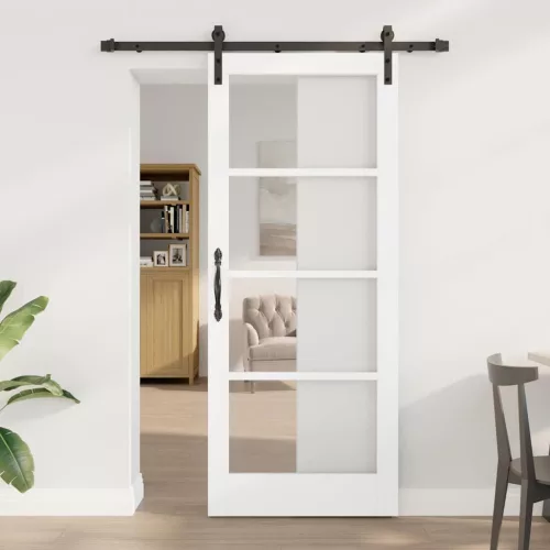 vidaXL Csúszó ajtó ORKDAL Fehér 83 x 202 cm Tömör fenyőfa és üveg