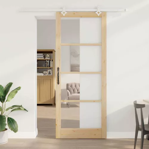 vidaXL Csúszó ajtó Természetes 93 x 232 cm Tömör fenyőfa és üveg