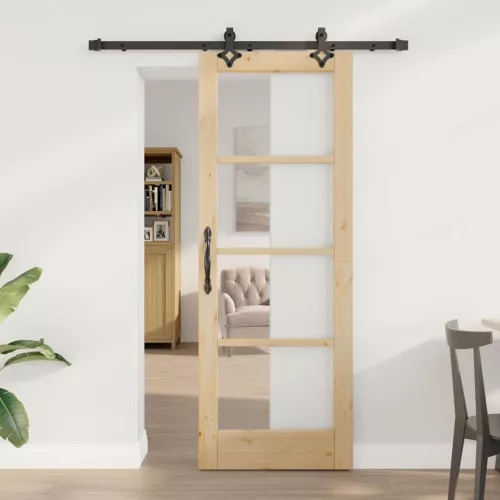 vidaXL Csúszó ajtó Természetes 73,5 x 198,5 cm Tömör fenyőfa és üveg