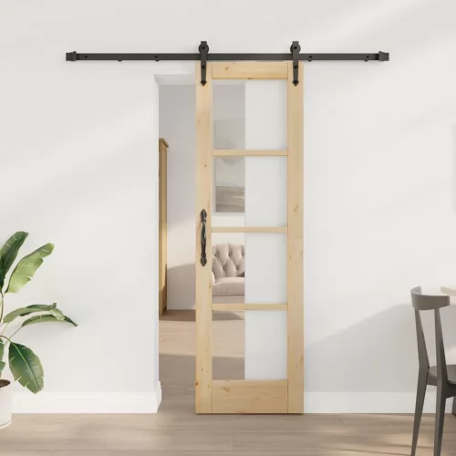 vidaXL Csúszó ajtó Természetes 61 x 198,5 cm Tömör fenyőfa és üveg