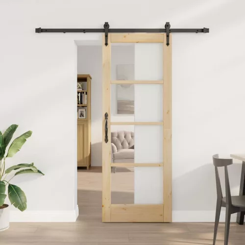 vidaXL Csúszó ajtó Természetes 73,5 x 198,5 cm Tömör fenyőfa és üveg