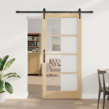   vidaXL Csúszó ajtó Természetes 93 x 202 cm Tömör fenyőfa és üveg