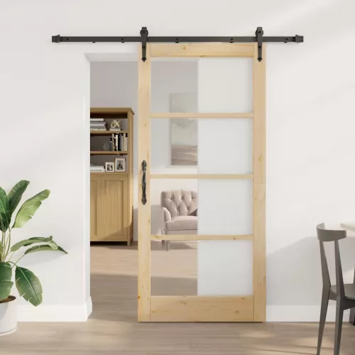 vidaXL Csúszó ajtó Természetes 93 x 202 cm Tömör fenyőfa és üveg
