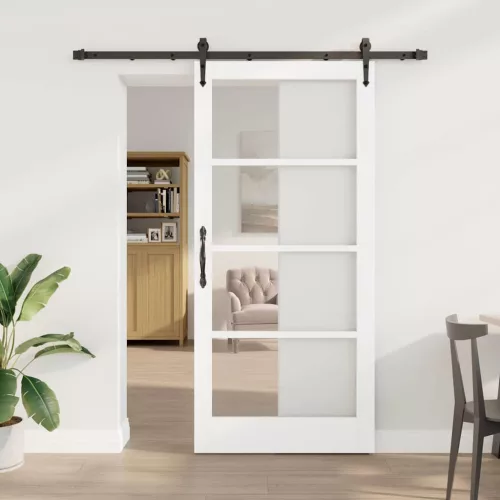 vidaXL Csúszó ajtó Fehér 93 x 202 cm Tömör fenyőfa és üveg