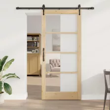   vidaXL Csúszó ajtó Természetes 93 x 211 cm Tömör fenyőfa és üveg