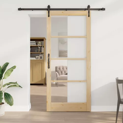 vidaXL Csúszó ajtó Természetes 93 x 211 cm Tömör fenyőfa és üveg