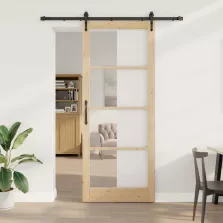   vidaXL Csúszó ajtó Természetes 93 x 232 cm Tömör fenyőfa és üveg