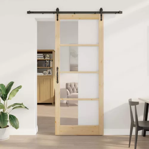 vidaXL Csúszó ajtó Természetes 93 x 232 cm Tömör fenyőfa és üveg