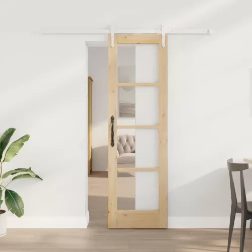 vidaXL Csúszó ajtó Természetes 61 x 198,5 cm Tömör fenyőfa és üveg