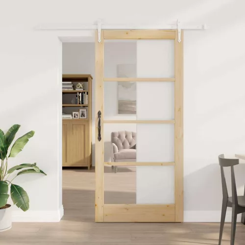 vidaXL Csúszó ajtó Természetes 93 x 202 cm Tömör fenyőfa és üveg