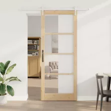   vidaXL Csúszó ajtó Természetes 93 x 232 cm Tömör fenyőfa és üveg